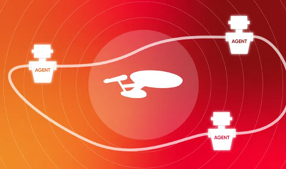 Three connected AI agents orbiting a starship, illustrating coordination between autonomous agents.