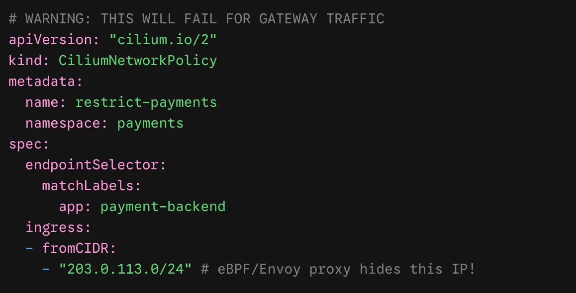 Non-working Cilium policy filters gateway traffic by client CIDR even though the proxy hides the original IP.