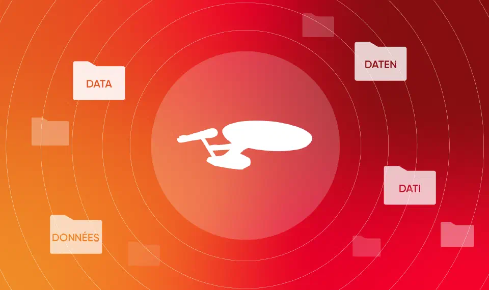 Starship surrounded by folders labelled Data, Daten, Dati and Données, illustrating data across jurisdictions.