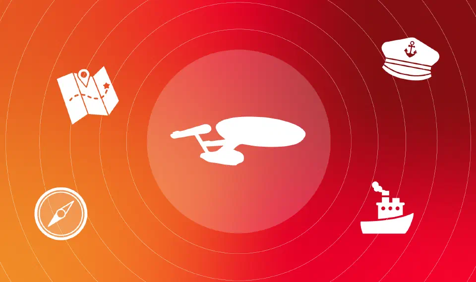 Starship surrounded by a map, compass, captain’s hat and ship, illustrating navigation through AI regulation.