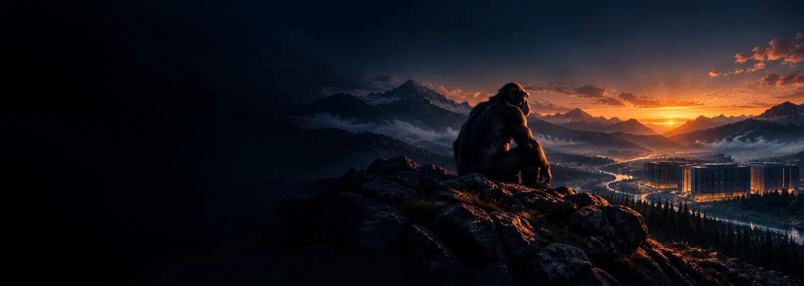 A gorilla overlooks a mountain valley and illuminated city at sunset.